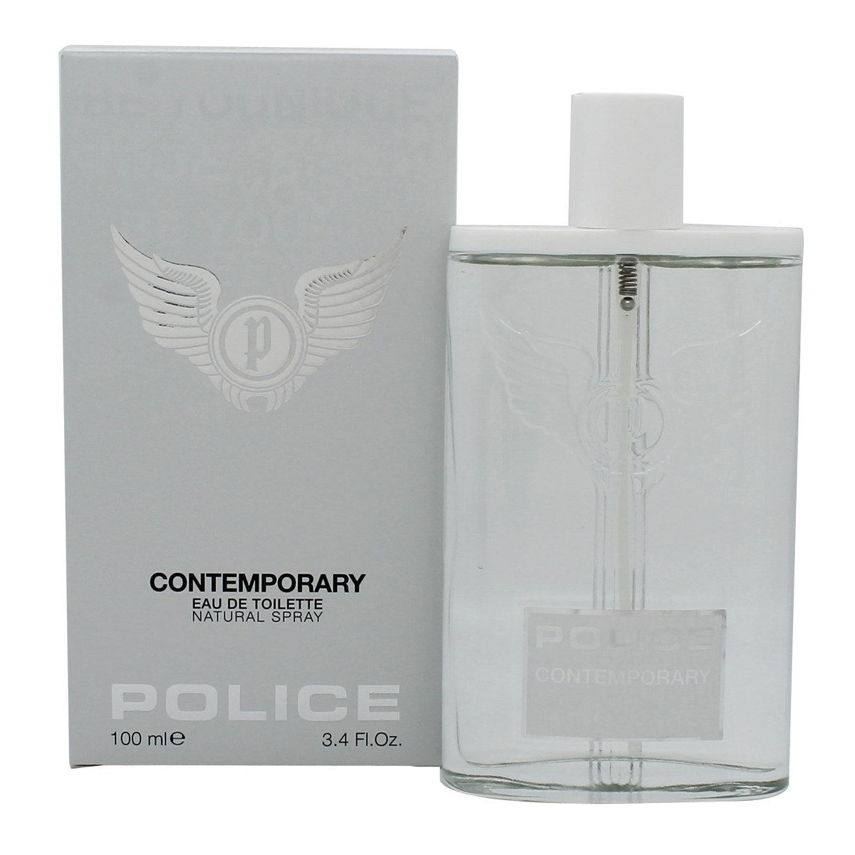 Police Contemporary Eau de Toilette, Police 100 ml – klar rektangulær glasflakon med blå tone og sølvlogo