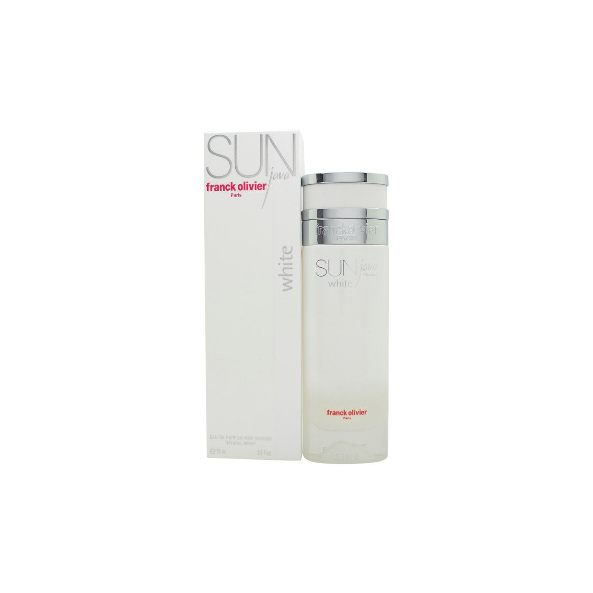 Franck Olivier Sun Java White Eau de Parfum 75 ml fra Franck Olivier – hvid rund flaske i mat glas med gylden prop og solmotiv