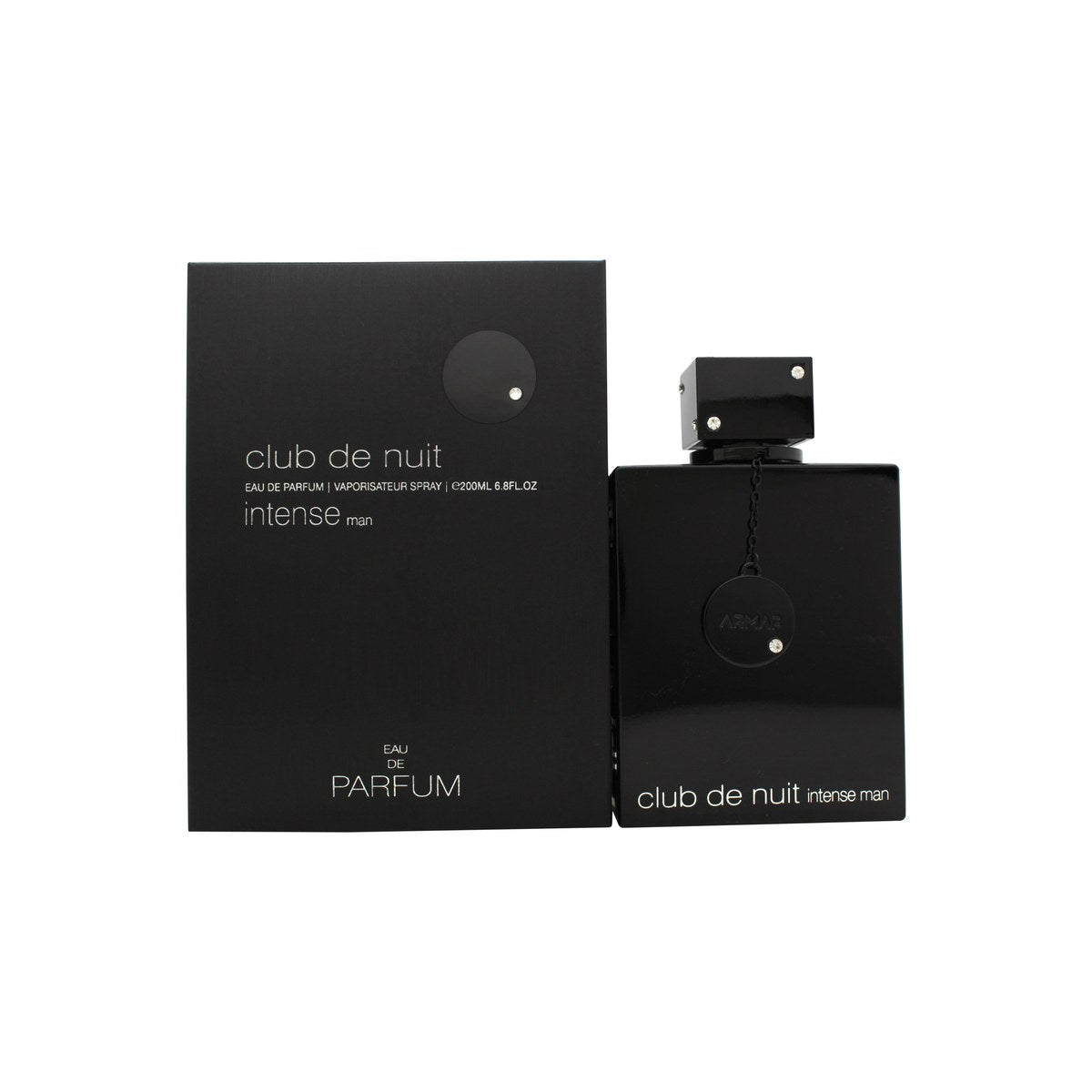 Club De Nuit Intense Man Eau De Parfum Armaf 200 ml, sort firkantet flakon med struktureret front, sølvplade og kæde