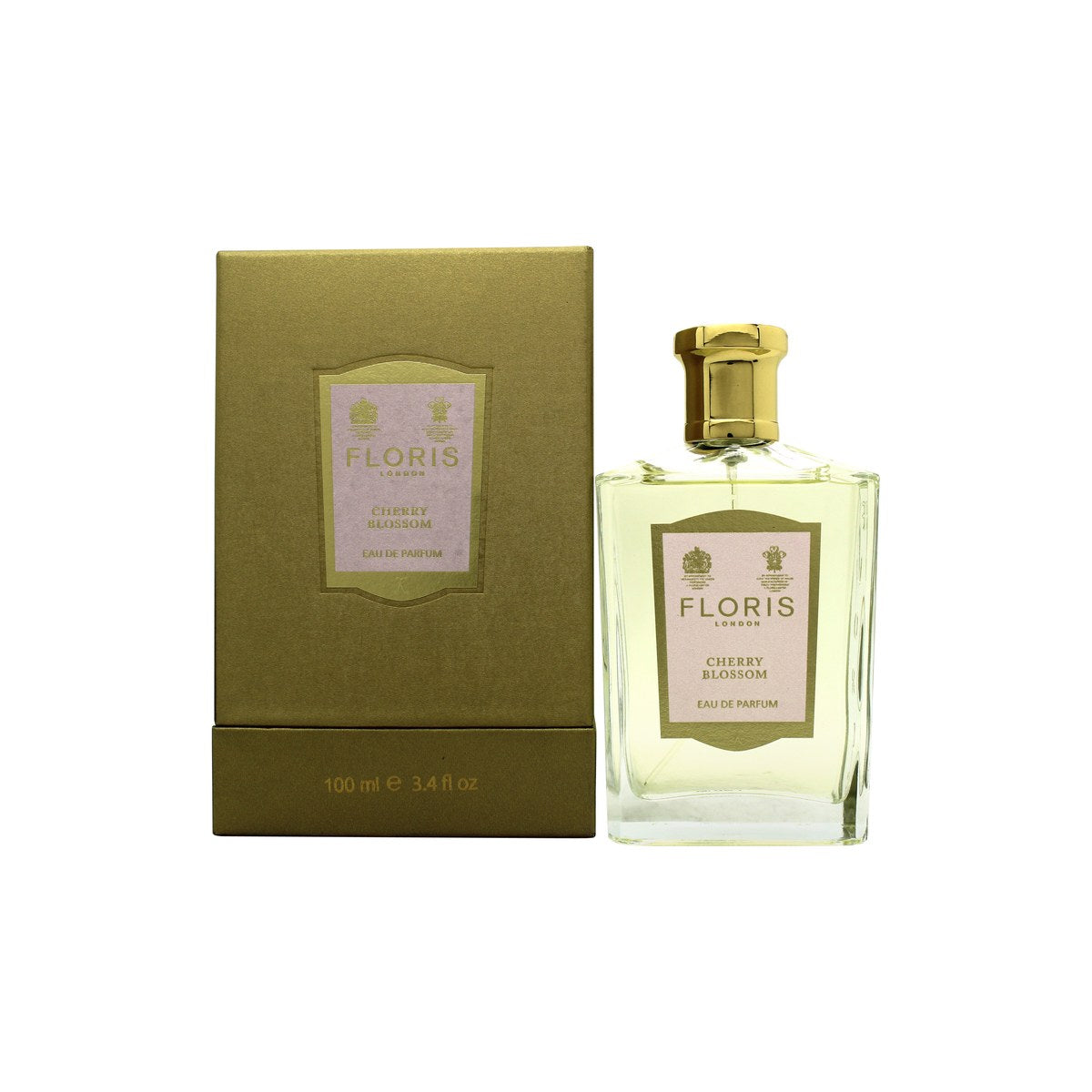 Floris Cherry Blossom Eau de Parfum, Floris, 100 ml – klar glasflaske med lyserød duft og gylden kapsel, enkel rektangulær form