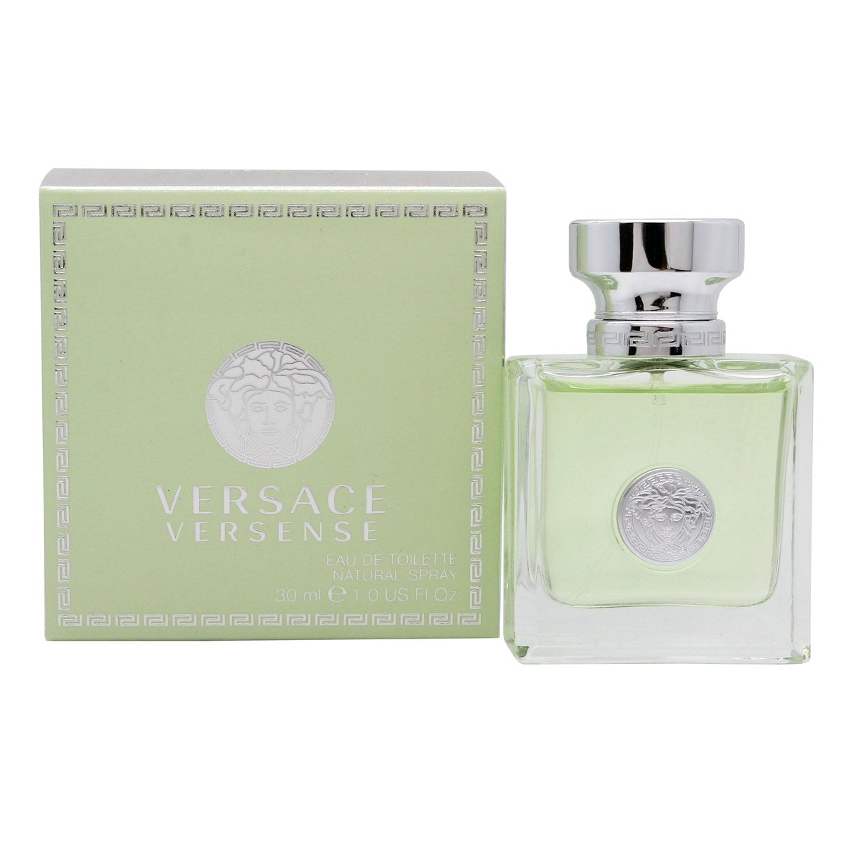 Versace Versense Eau De Toilette 30 ml, kvadratisk lysegrøn glasflakon med Medusa-logo og sølvfarvet låg