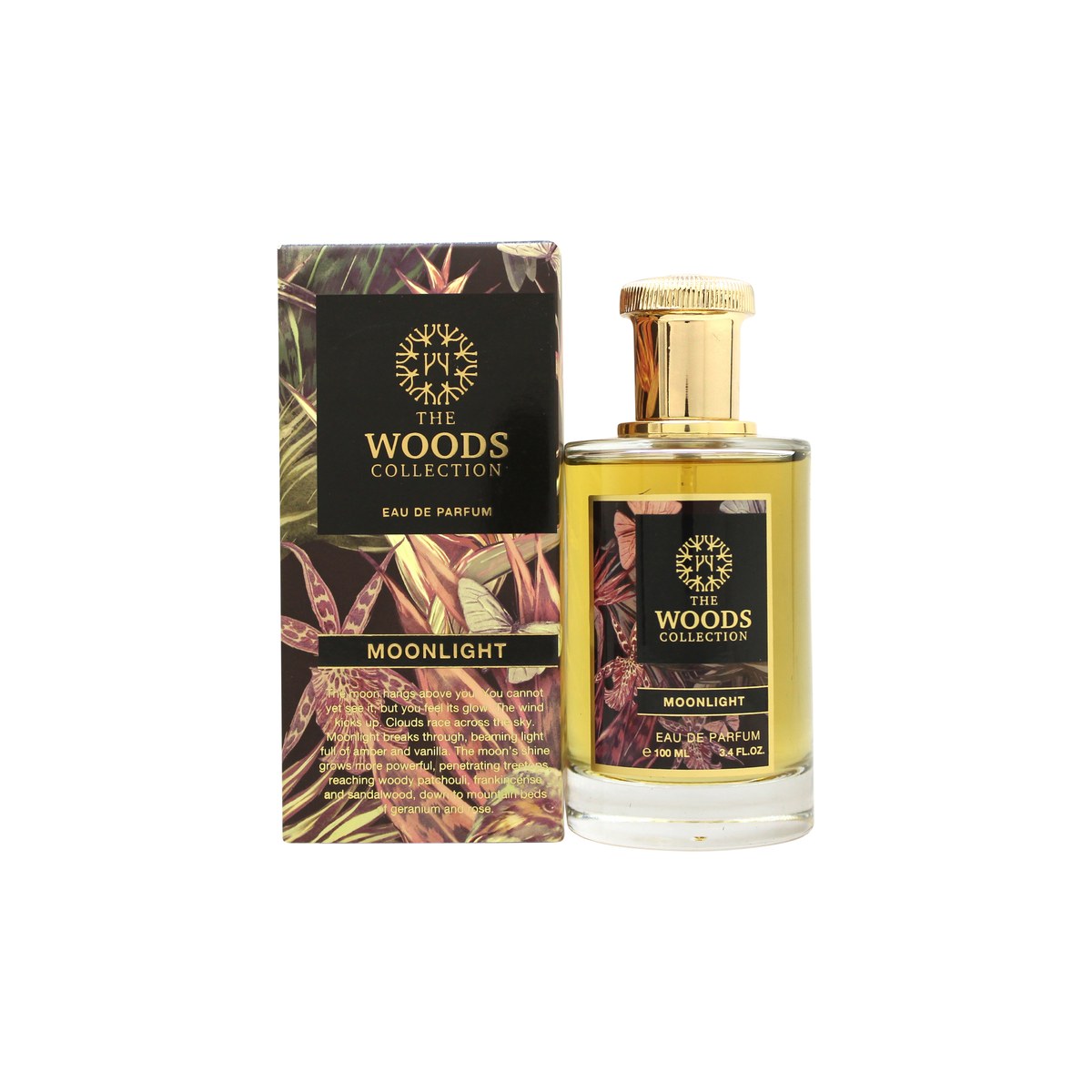 The Woods Collection Moonlight Eau de Parfum 100 ml, mørk glasflaske med sølvhals og minimalistisk, eksklusivt design