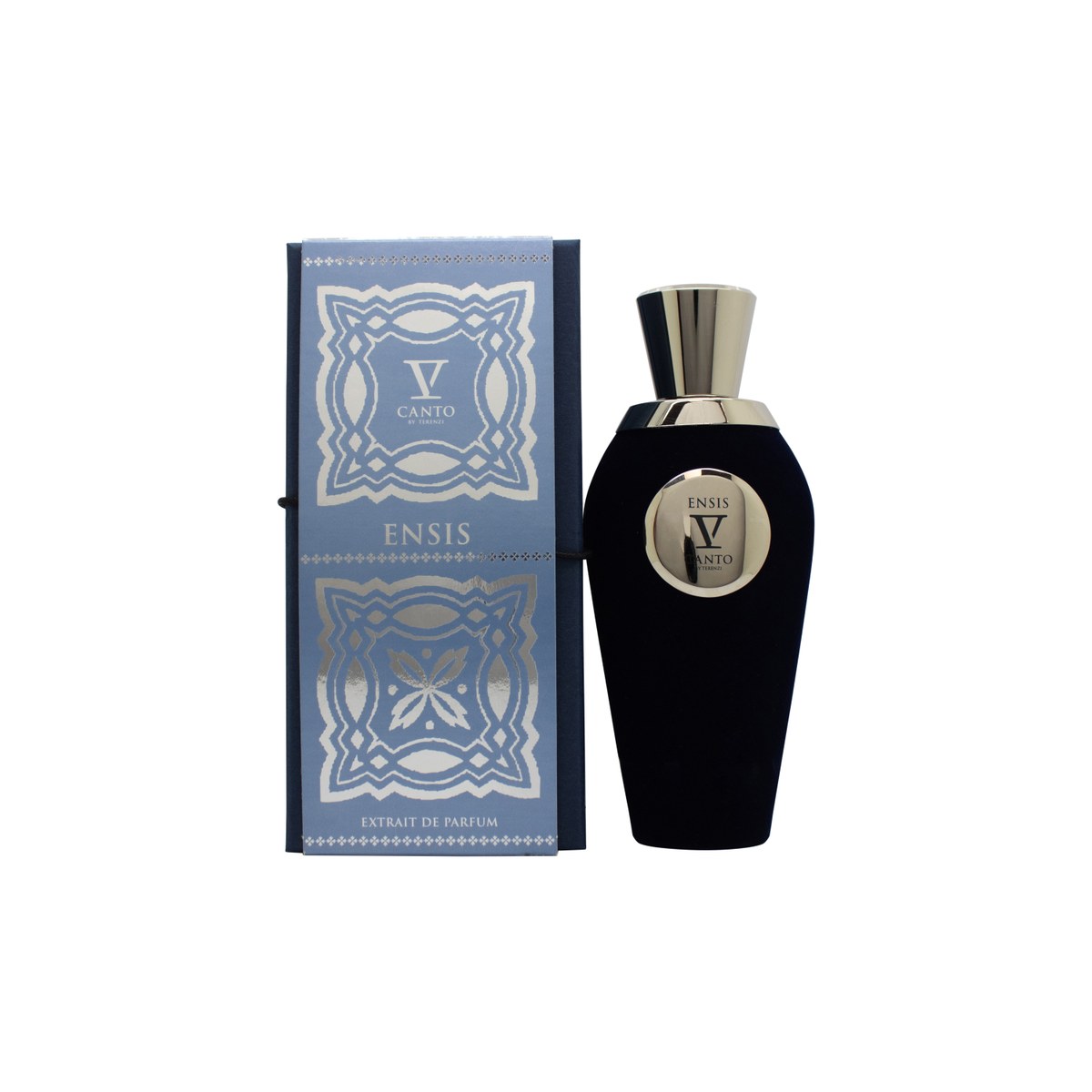 Tiziana Terenzi V Canto Ensis Extrait de Parfum Eau de Parfum 100 ml – sort glasflakon med gylden hætte og cylindrisk design