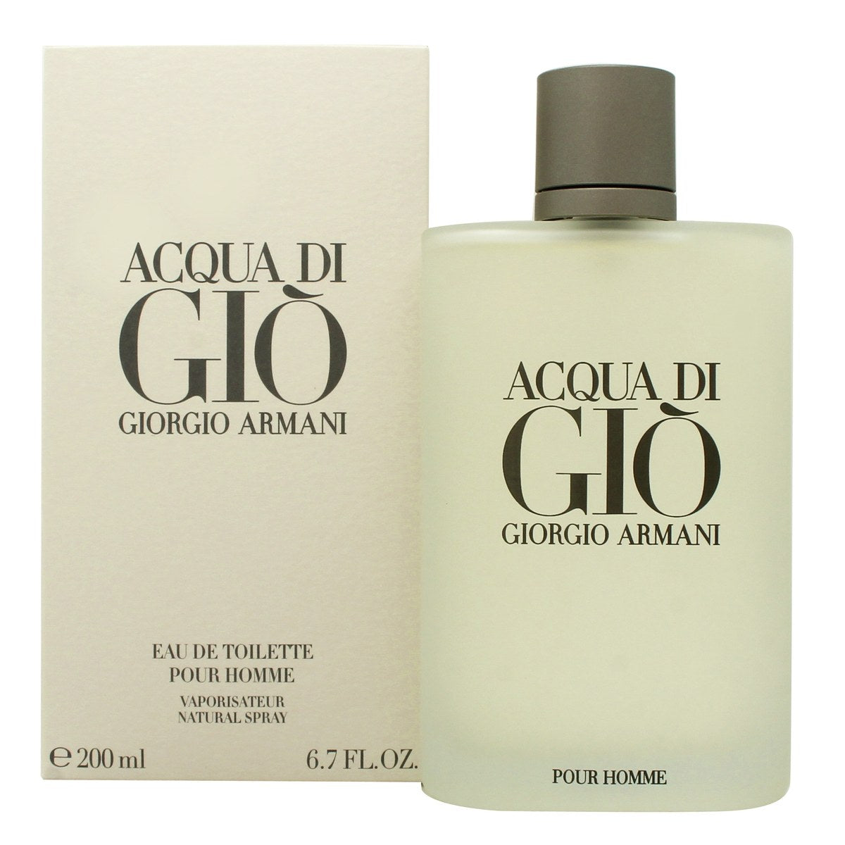 Giorgio Armani Acqua Di Gio Eau De Toilette 200 ml, frostet glasflakon med sølvgrå kork og enkelt design