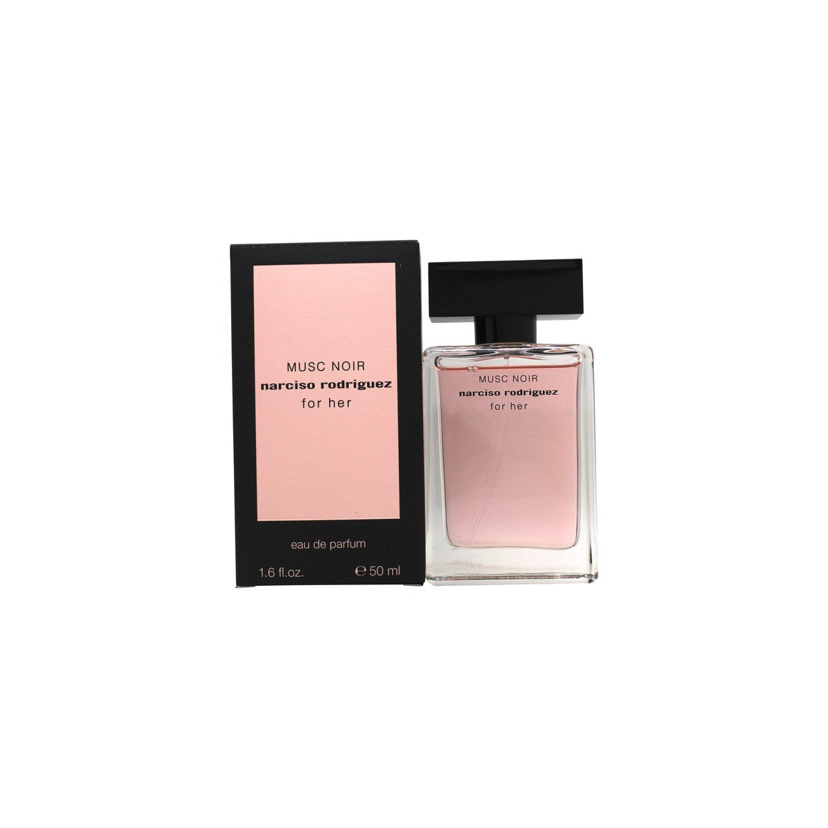 For Her Musc Noir Eau De Parfum Narciso Rodriguez 50 ml, transparent pink glasflaske med ikonisk silhuet og lagdelt design