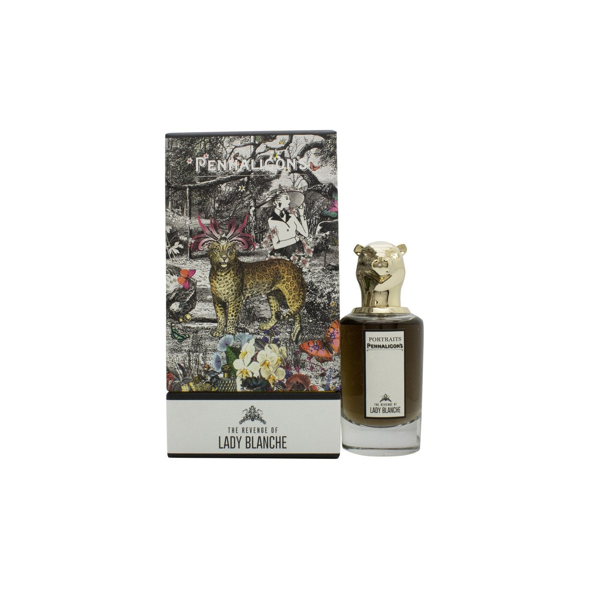 Penhaligon's The Revenge of Lady Blanche Eau de Parfum, Penhaligon's, 75 ml – klar glasflaske med gyldent låg og sort sløjfe.