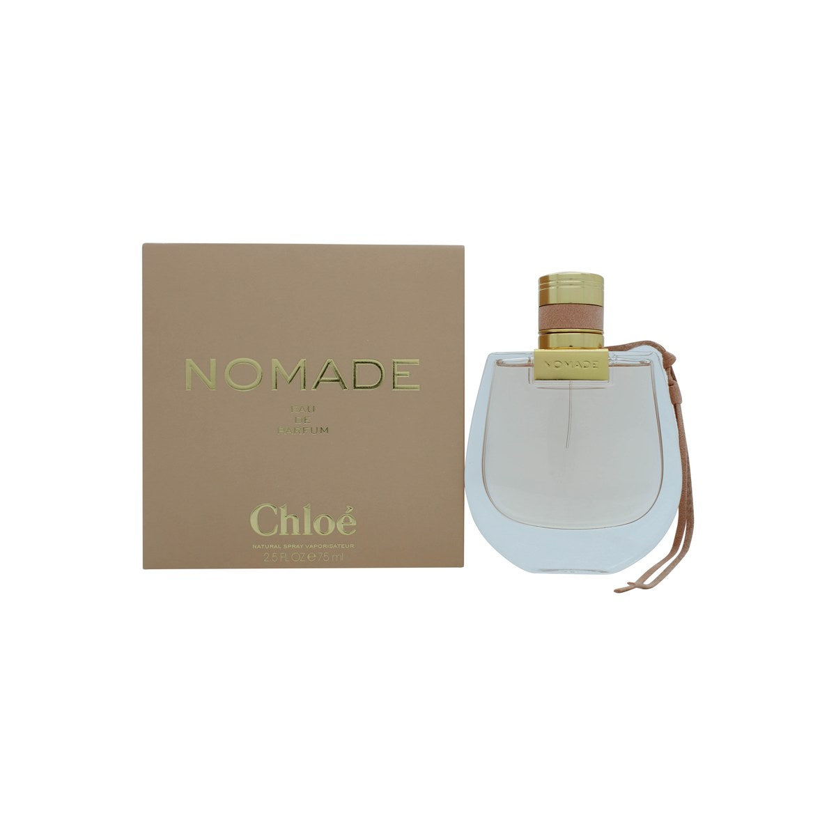 Nomade Eau De Parfum Chloé 75 ml klar glasflaske med afrundede former, gylden væske, guldfarvet låg og læderdetalje