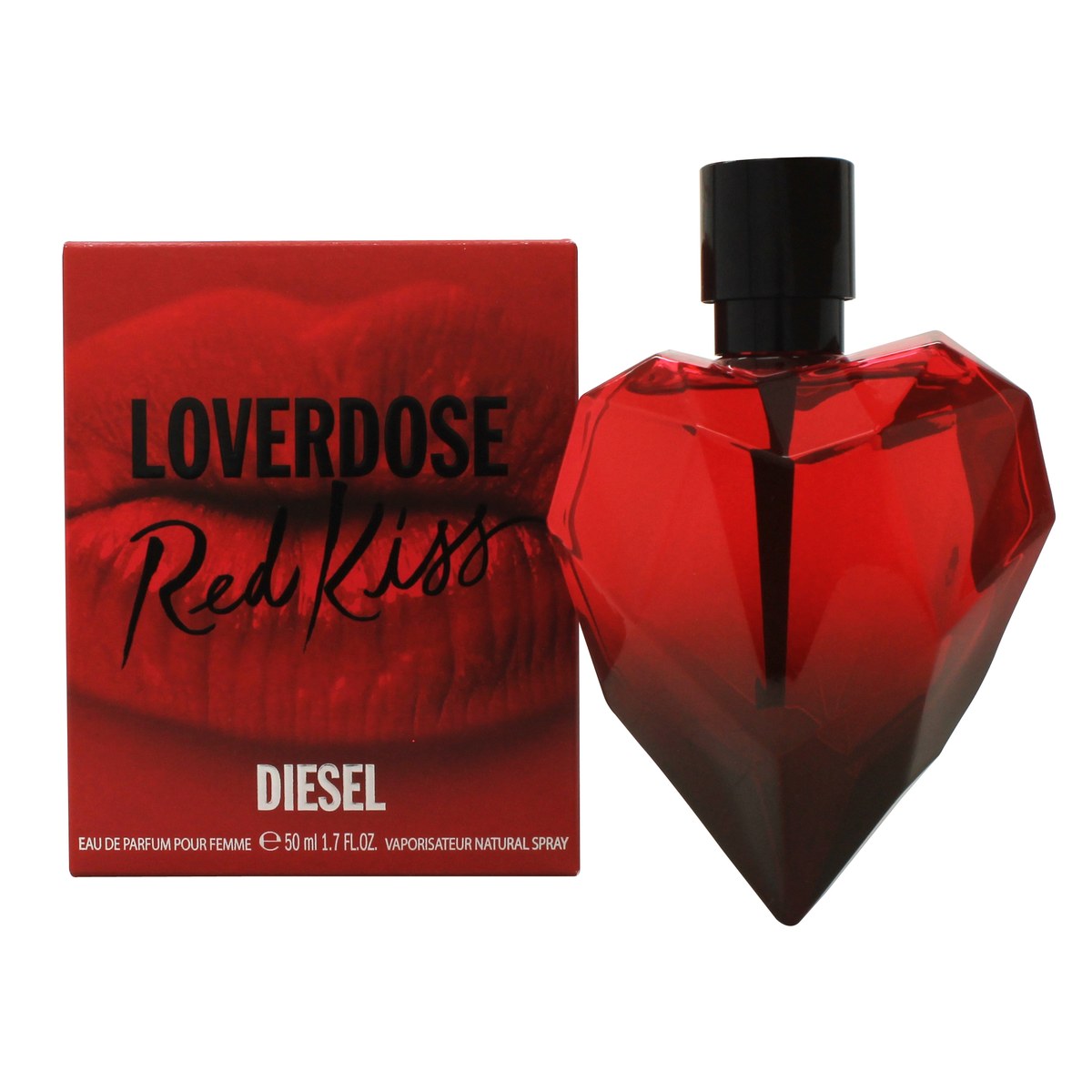 Diesel Loverdose Red Kiss Eau de Parfum 50 ml – dybrød, hjerteformet glasflaske med facetslebet design og sort forstøver.