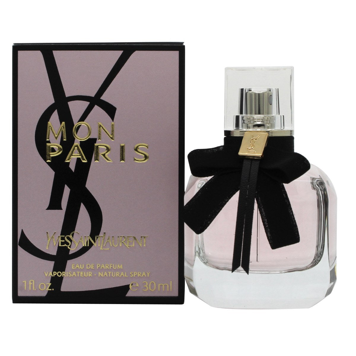 Yves Saint Laurent Mon Paris Eau de Parfum 30 ml – klar glasflakon med lyserød duft og sort sløjfe ved halsen