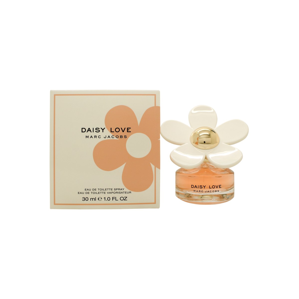Daisy Love Eau De Toilette, Marc Jacobs, 30 ml klar glasflaske med hvid margueritblomst som låg og gylden midte, let stemning