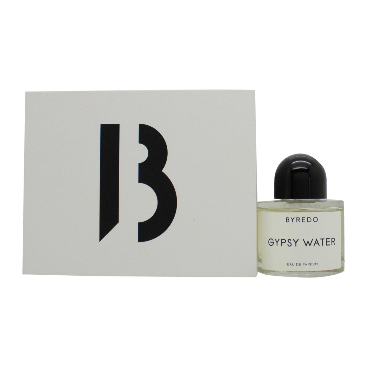 Byredo Gypsy Water Eau De Parfum 50 ml, klar cylindrisk glasflaske med rund sort hætte og hvid minimalistisk etiket