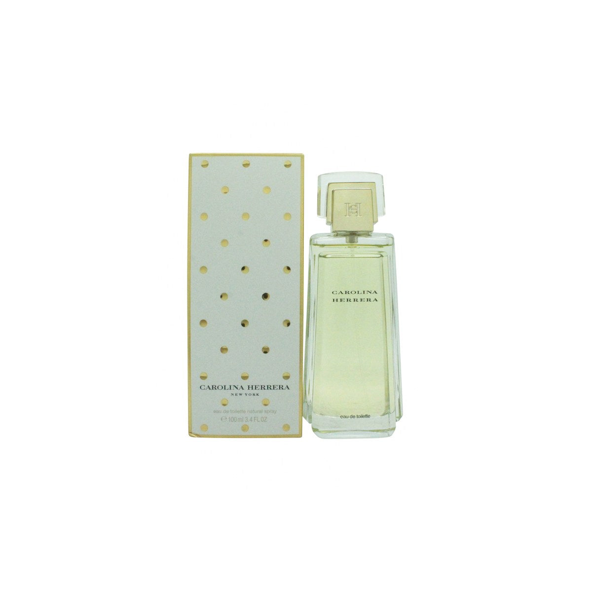 Carolina Herrera Carolina Eau de Toilette 100 ml – rund, klar glasflakon med gylden kant og sølvprop
