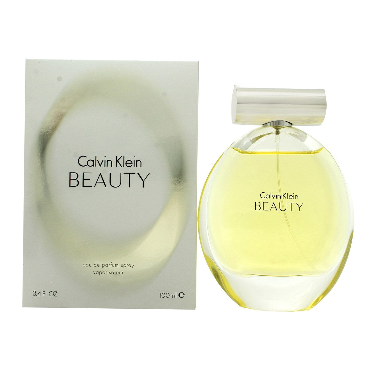 Beauty Eau De Parfum, Calvin Klein, 100 ml – klar rektangulær glasflakon med lyserød væske og sølvfarvet låg