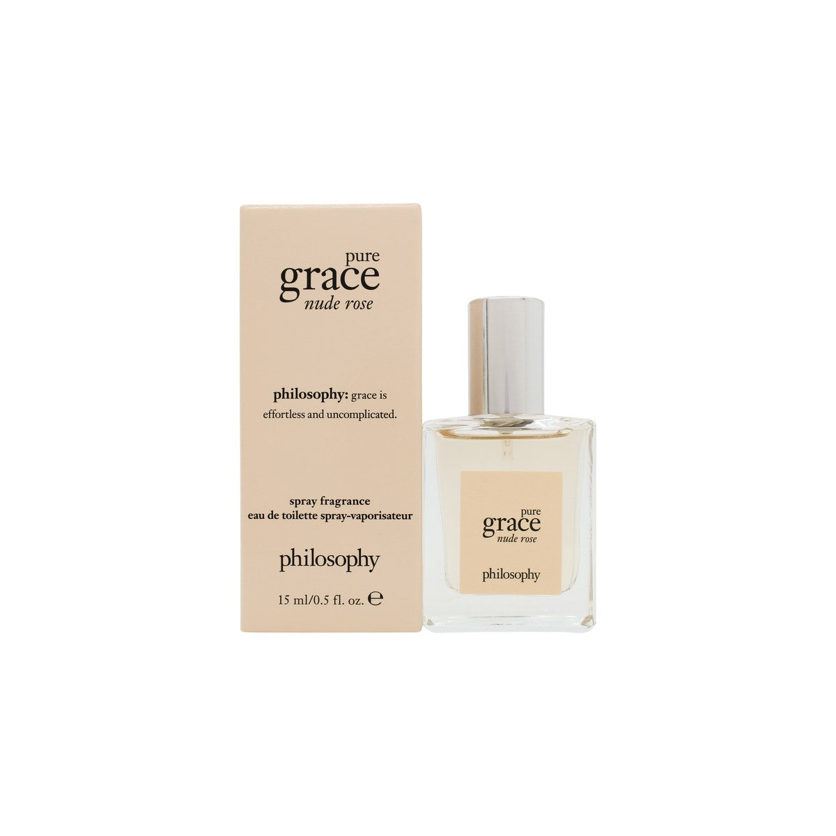 Philosophy Pure Grace Nude Rose Eau de Toilette 15 ml, klar glasflaske med sart rosa væske og sort låg i enkelt design