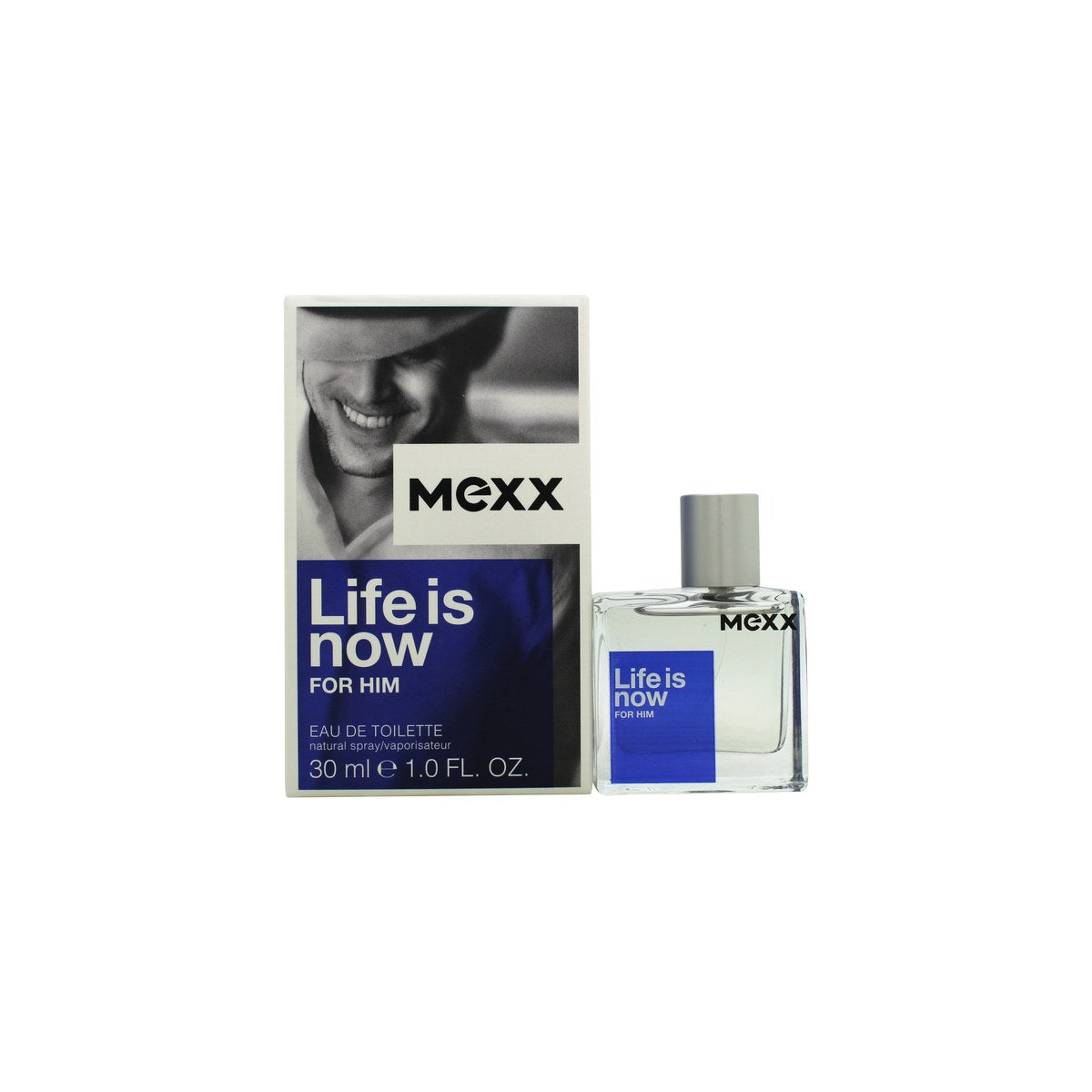 Mexx Life Is Now for Him Eau de Toilette 30 ml i klar rektangulær glasflaske med sølvfarvet låg og blå etikette
