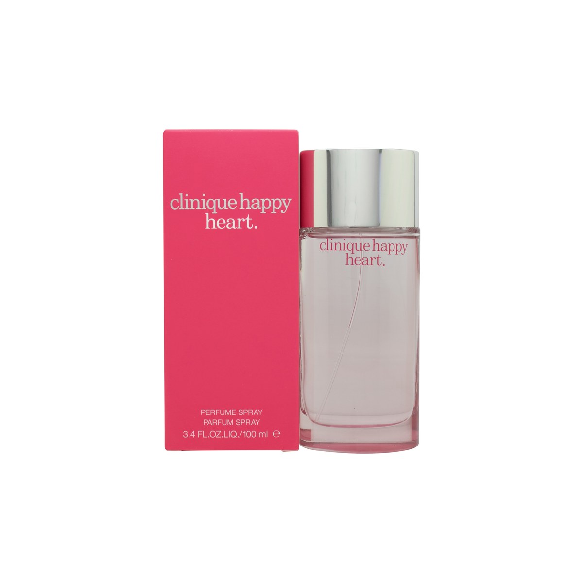 Clinique Happy Heart Eau de Parfum 100 ml fra Clinique – klar, slank glasflaske med lys rosa duft og sølvfarvet låg