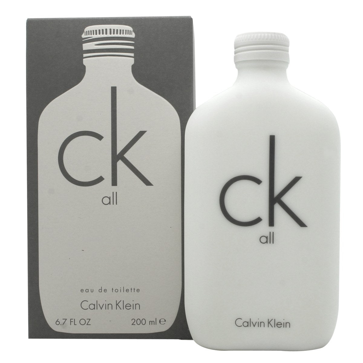 CK All Eau De Toilette Calvin Klein 200 ml, hvid minimalistisk flakon i ikonisk CK One-form med rent, enkelt design