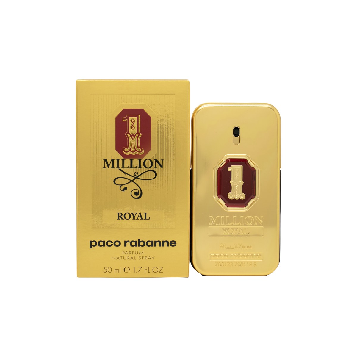 1 Million Royal Eau De Parfum Rabanne 50 ml gylden rektangulær flaske med rød juvel og kongeligt emblem
