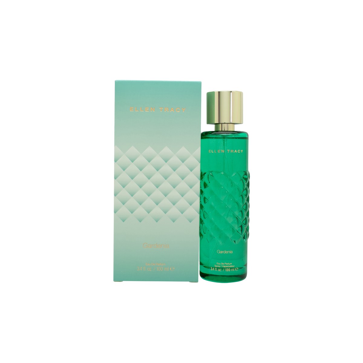 Ellen Tracy Quilted Gardenia Eau de Parfum 100 ml – klar, quiltet glasflakon med gylden prop og bløde, feminine linjer