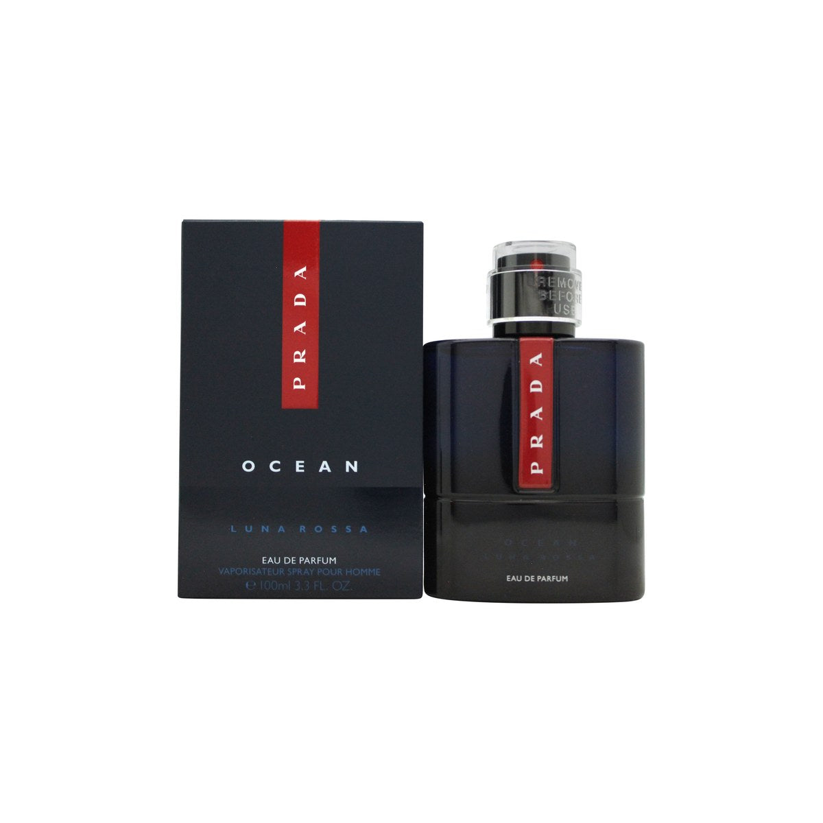 Prada Luna Rossa Ocean Eau de Parfum 100 ml – mørkeblå rektangulær flakon med sort låg og rød signaturdetalje foran