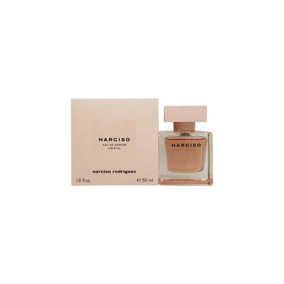 Narciso Cristal Eau De Parfum Narciso Rodriguez 50 ml klar, kubisk glasflaske med blød nude tone og sort logo i centralt felt