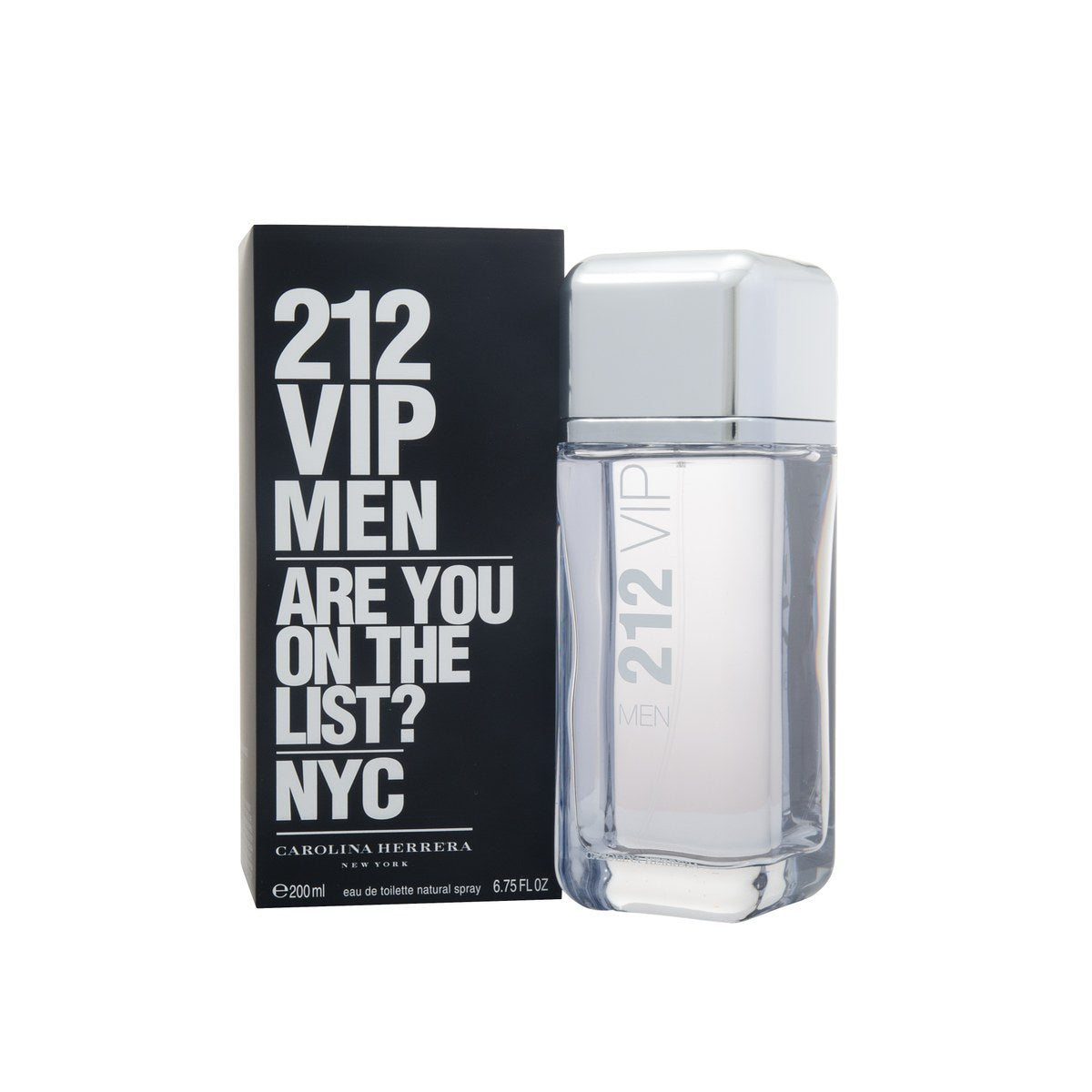 212 Vip Men Eau De Toilette Carolina Herrera 200 ml sølvfarvet cylindrisk flakon med mat metallisk finish og sort låg