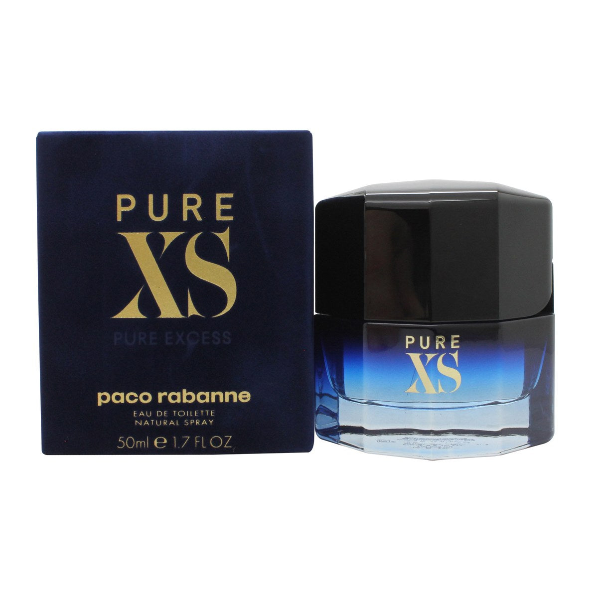 Paco Rabanne Pure XS Eau de Toilette 50 ml – mørkeblå glasflaske med sort gradient og guldfarvet slangedetalje