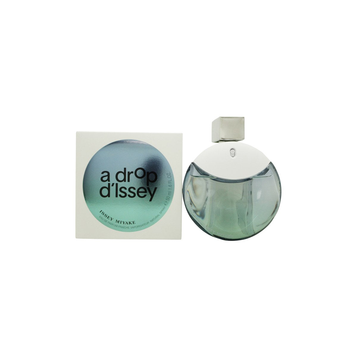 Issey Miyake A Drop d'Issey Eau de Parfum Fraiche 50 ml – rund mat hvid dråbeformet glasflakon med sølvhætte.