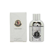 Moncler Pour Homme Eau de Parfum, Moncler, 5 ml – sølvfarvet flakon formet som bjergflaske med ribbet metal og sort låg.