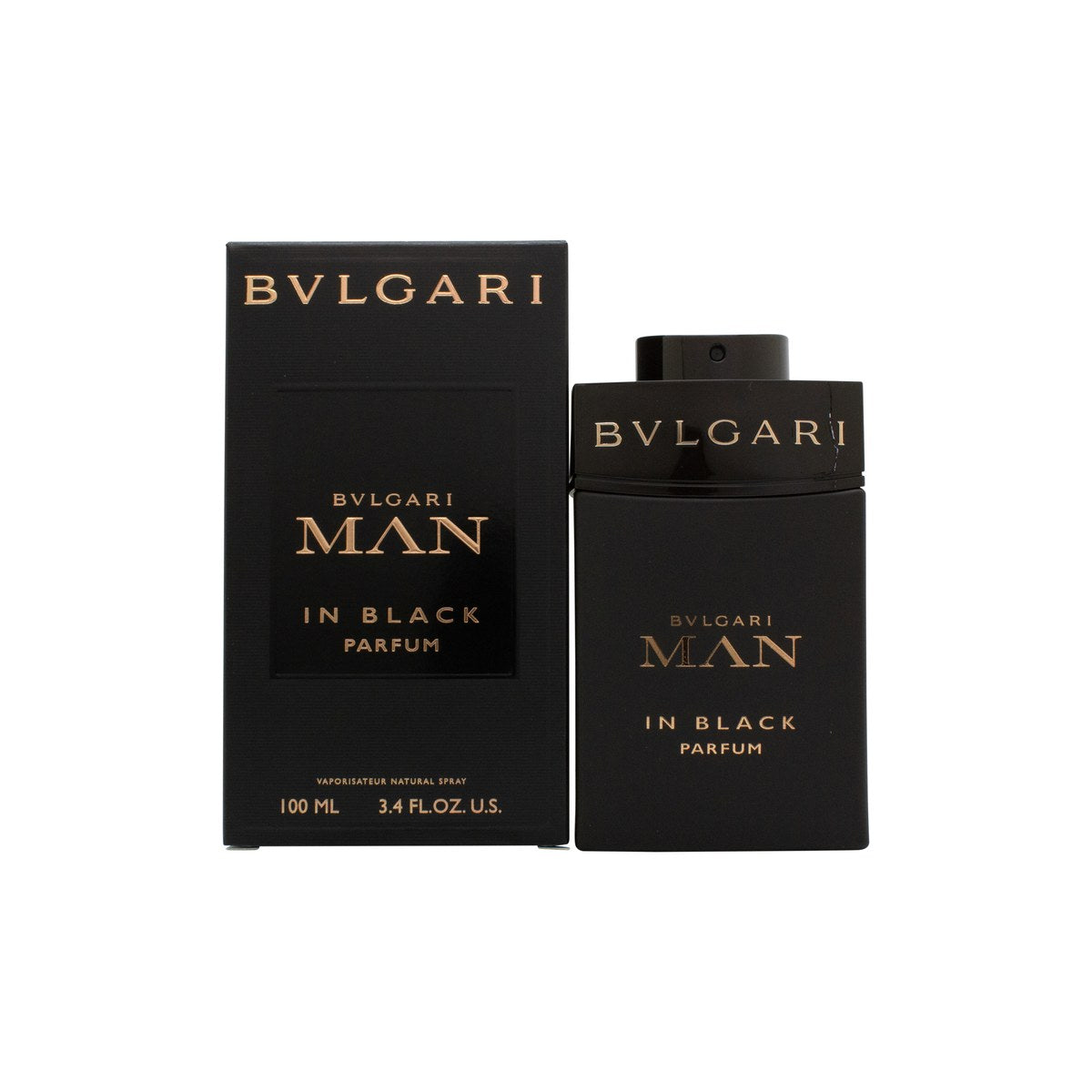 Bvlgari Man In Black Parfum Eau de Parfum 100ml, Bvlgari 100 ml, mørk sort glasflakon med kobberdetaljer og sort hætte