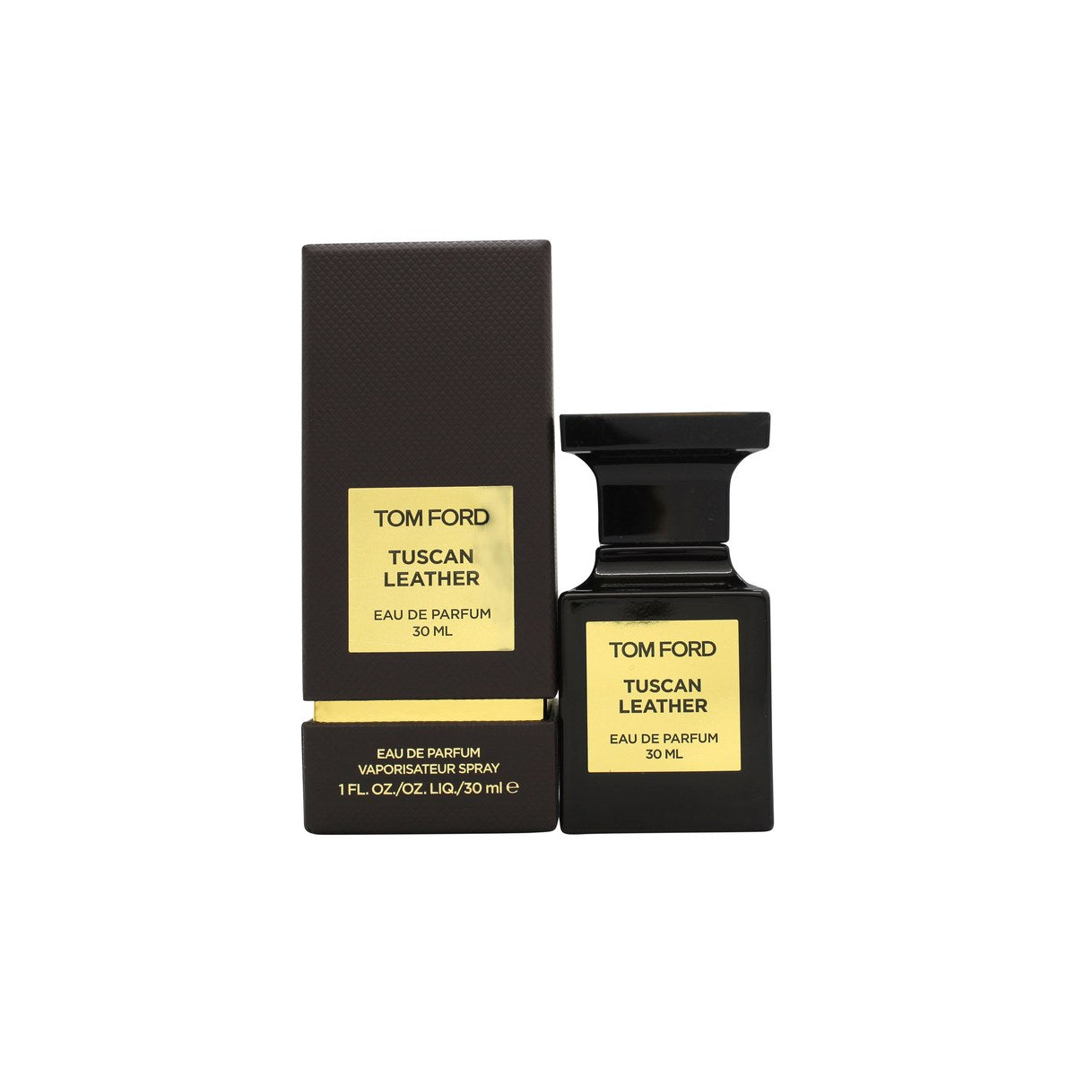 Tom Ford Private Blend Tuscan Leather Eau de Parfum 30 ml fra Tom Ford, mørkebrun firkantet flakon med guldetiket og sort låg.