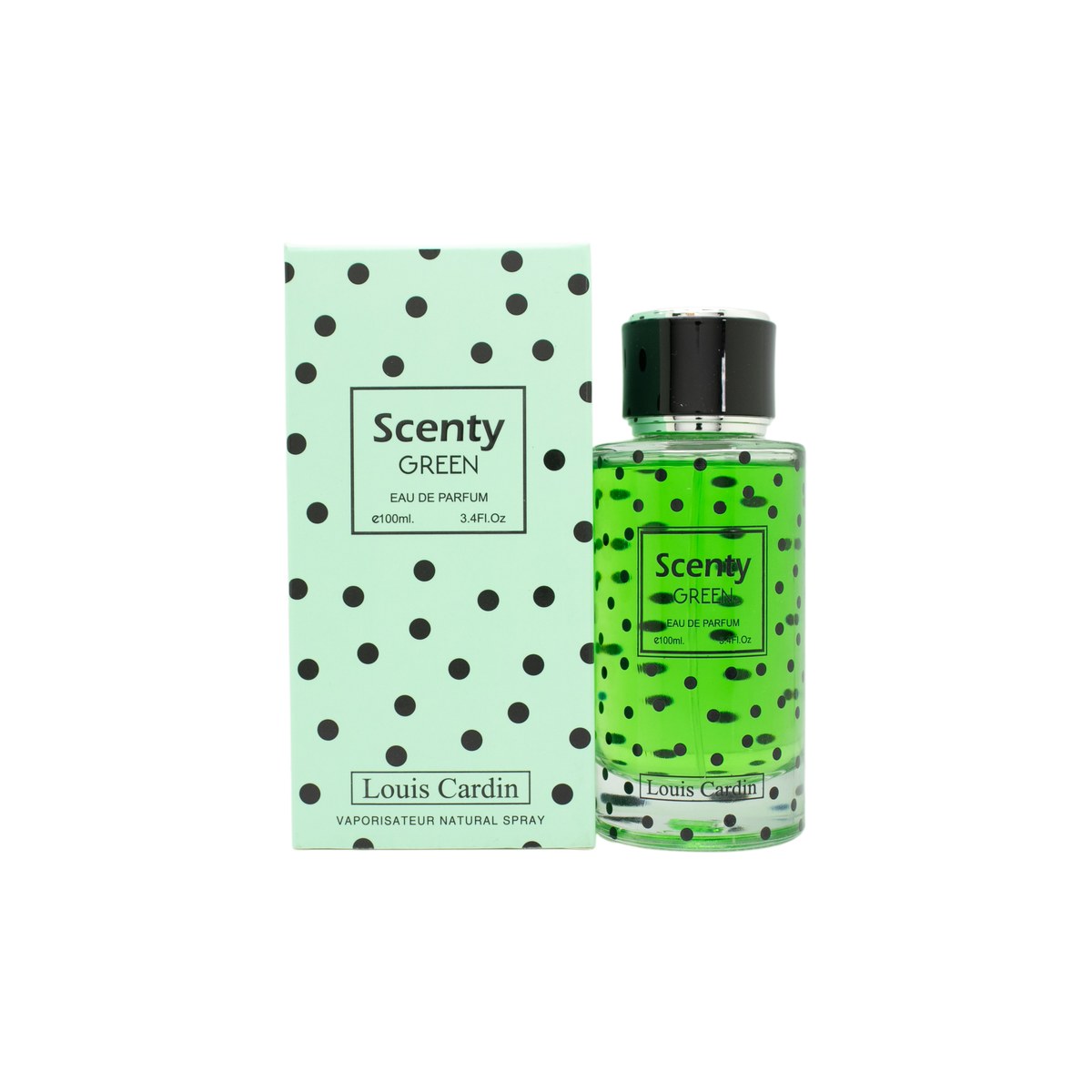Louis Cardin Scenty Green Eau de Parfum 100 ml, grøn rektangulær glasflaske med sølvfarvet låg og enkel etiket.