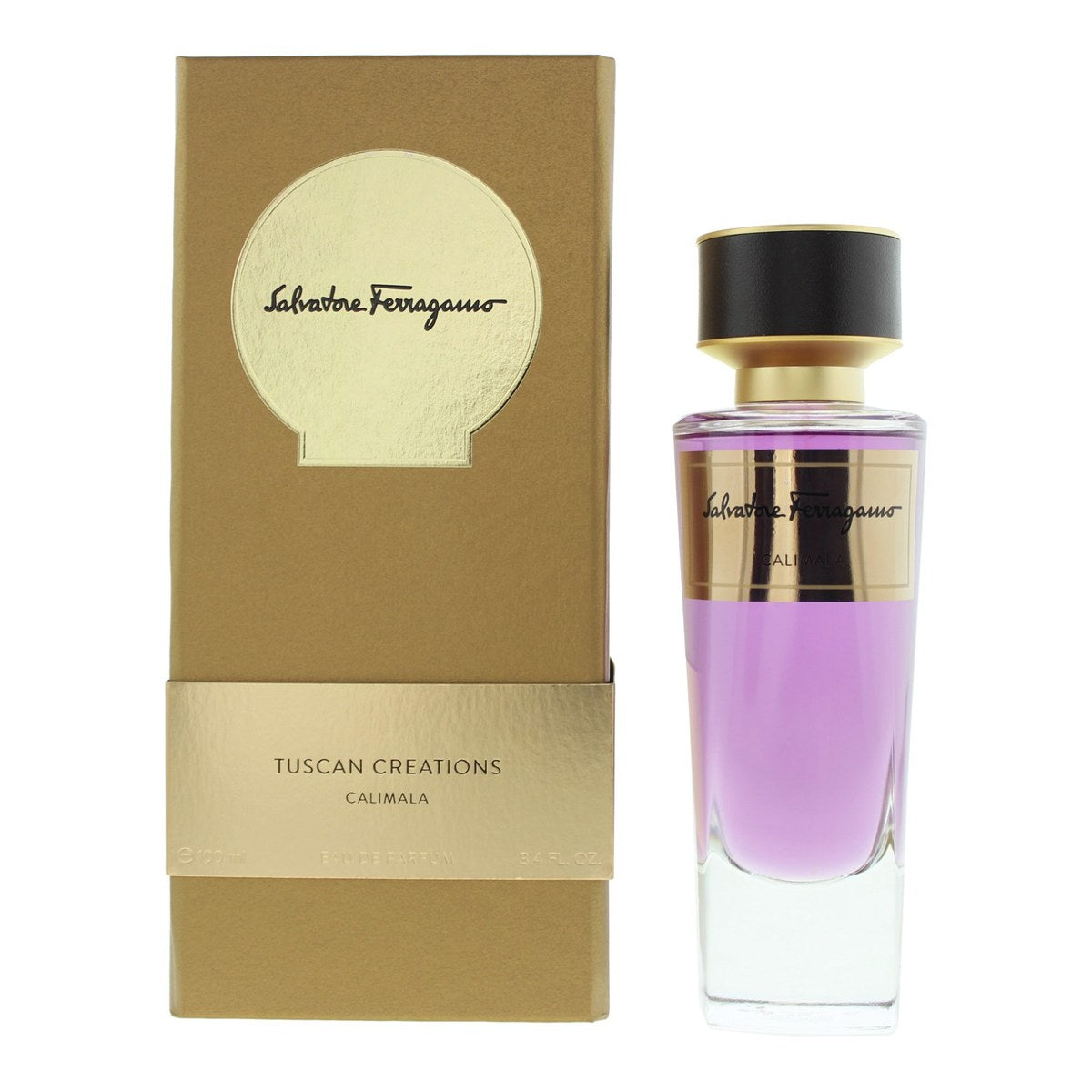 Salvatore Ferragamo Calimala Eau de Parfum 100 ml – mørkeblå rektangulær glasflakon med guldkantet etiket og gylden prop
