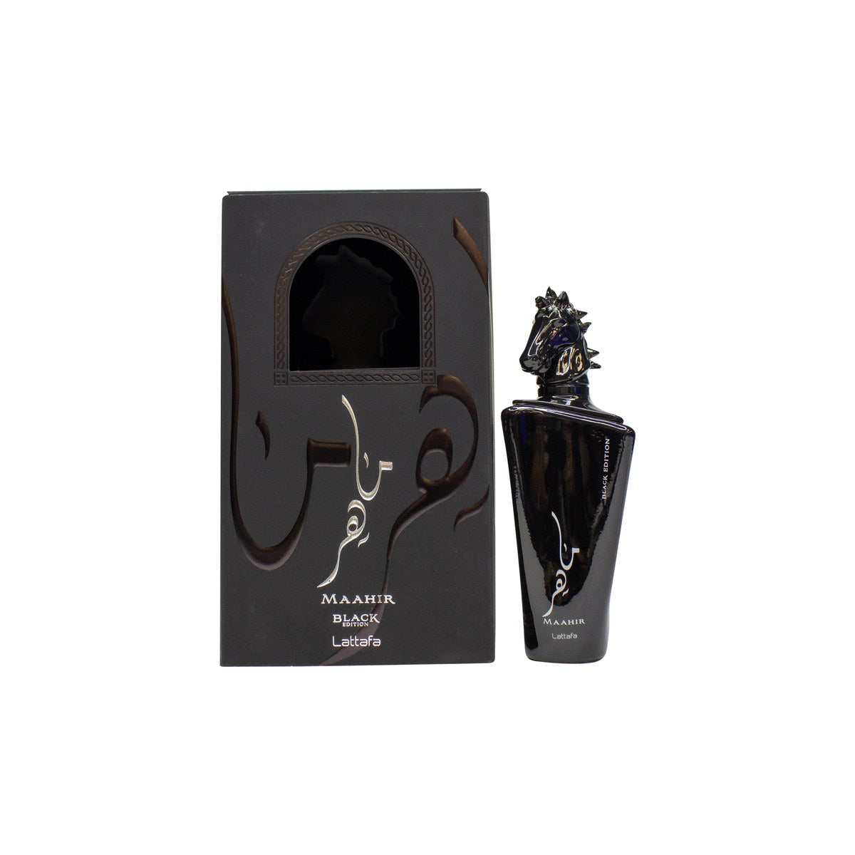 Lattafa Maahir Black Edition Eau de Parfum 100 ml fra Lattafa – sort, matt sort flakon med hesteemblem og kantet design.
