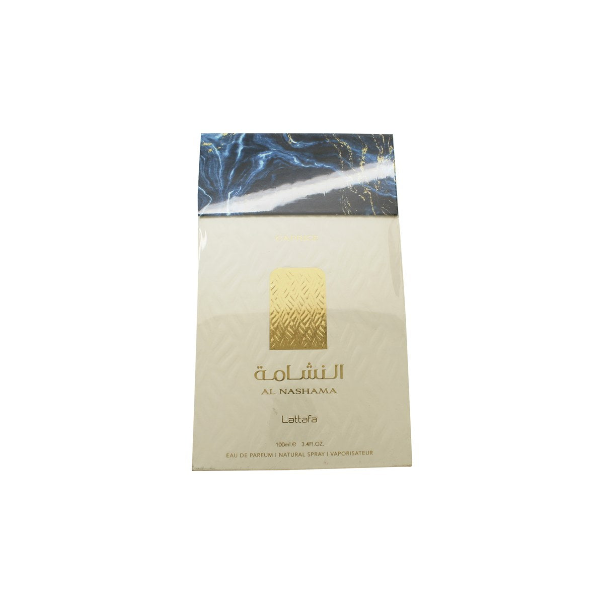 Lattafa Al Nashama Caprice Eau de Parfum 100 ml i mørkeblå rektangulær flakon med sølvfarvet låg og elegant etiket.
