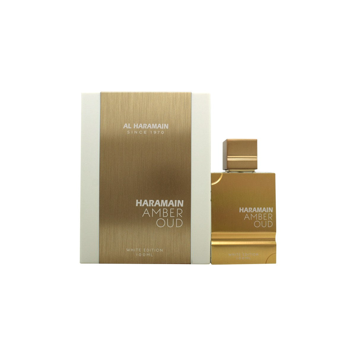 Al Haramain Amber Oud White Edition Eau de Parfum 100 ml – hvid, firkantet flakon med gulddetaljer og låg