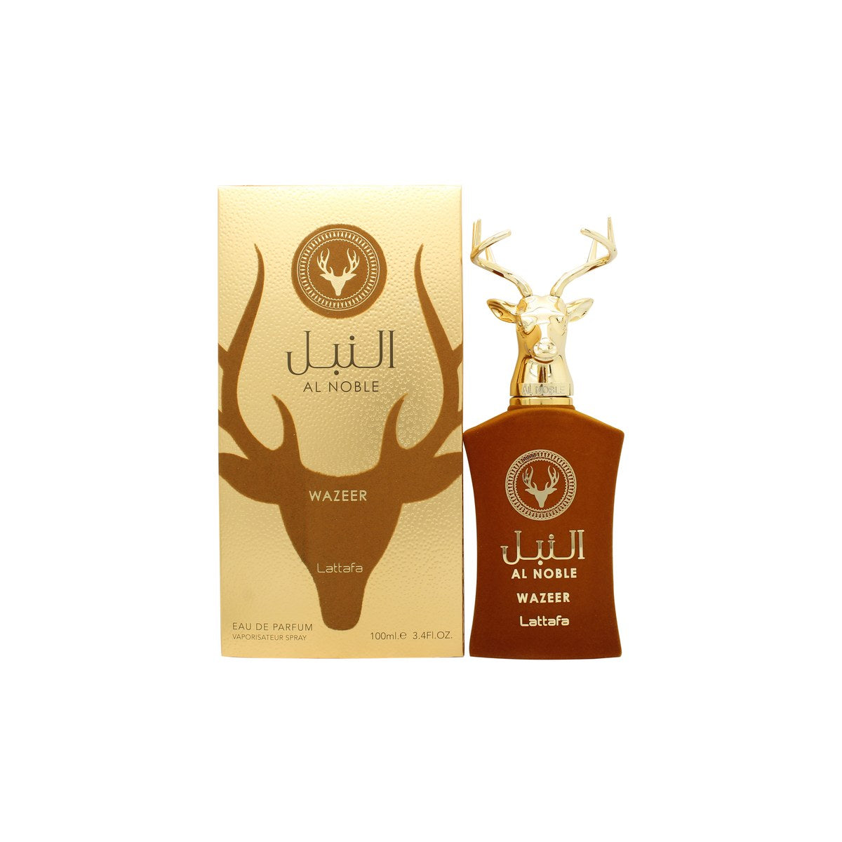 Lattafa Al Noble Wazeer Eau de Parfum 100ml fra Lattafa mørkeblå rektangulær flakon med guldkantet emblem og matchende låg