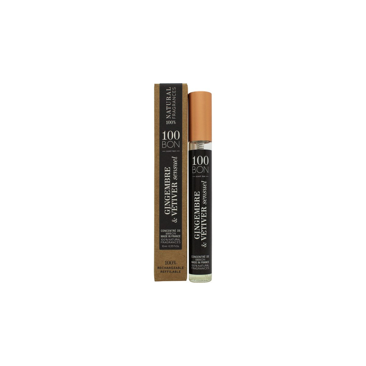 100BON Gingembre & Vétiver Sensuel Eau de Parfum Concentrate, 100BON 10 ml klar glasflaske med sort spray og enkel etiket