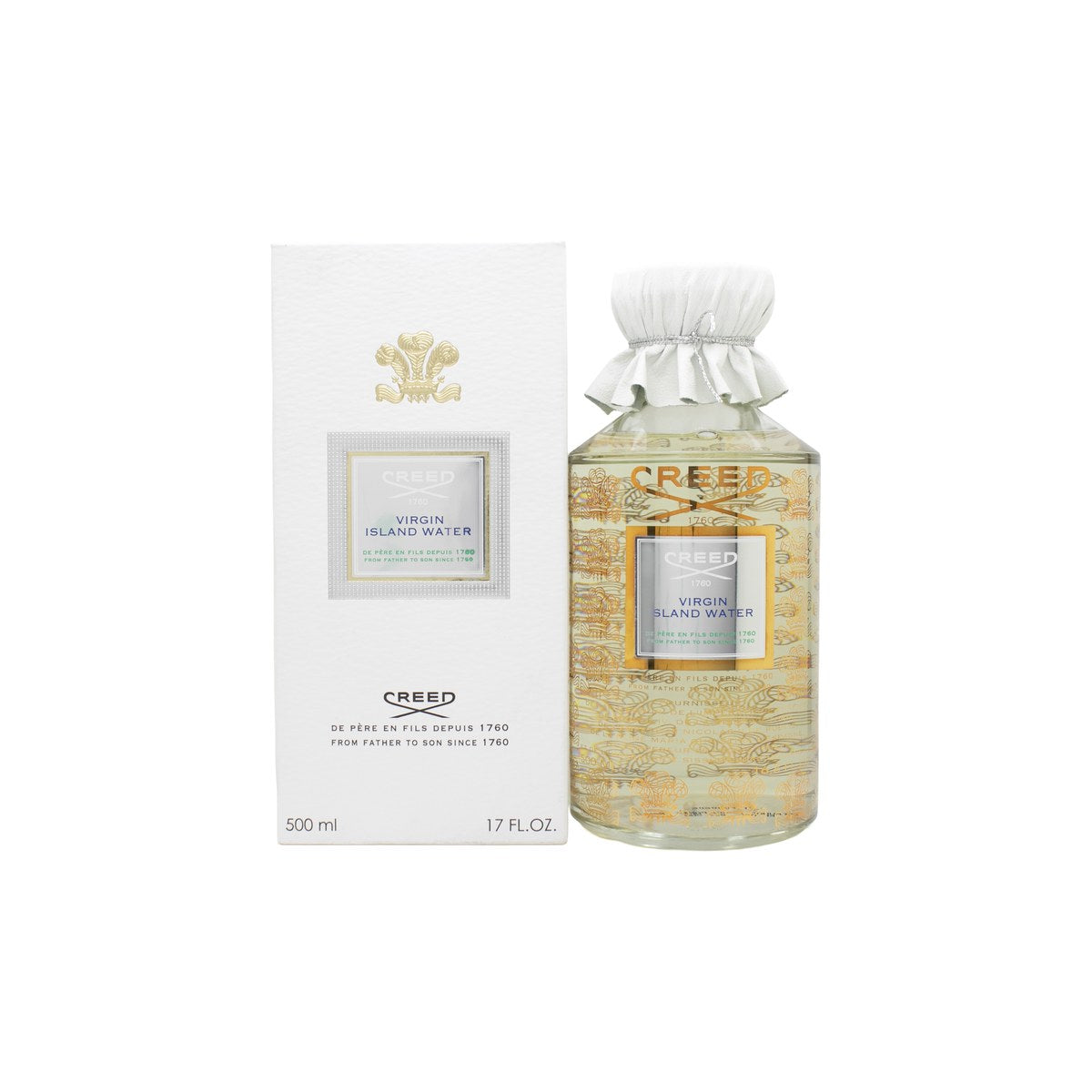 Creed Virgin Island Water Eau de Parfum Splash, Creed, 500 ml – klar glasflaske med hvid etiket og sølvkork i oval form.