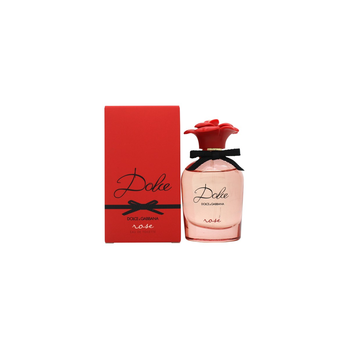 Dolce & Gabbana Dolce Rose Eau de Toilette 50 ml – lyserød glasflaske med rund form, sort sløjfe og rød hætte med blomst.