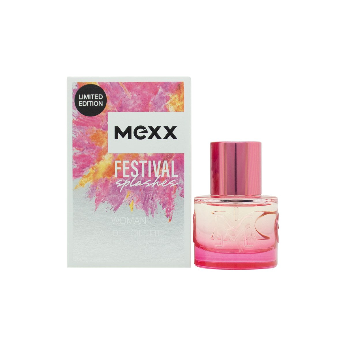 Mexx Festival Splashes Eau de Toilette 20 ml fra Mexx i klar glasflaske med pink og orange farvedetaljer og sølv låg