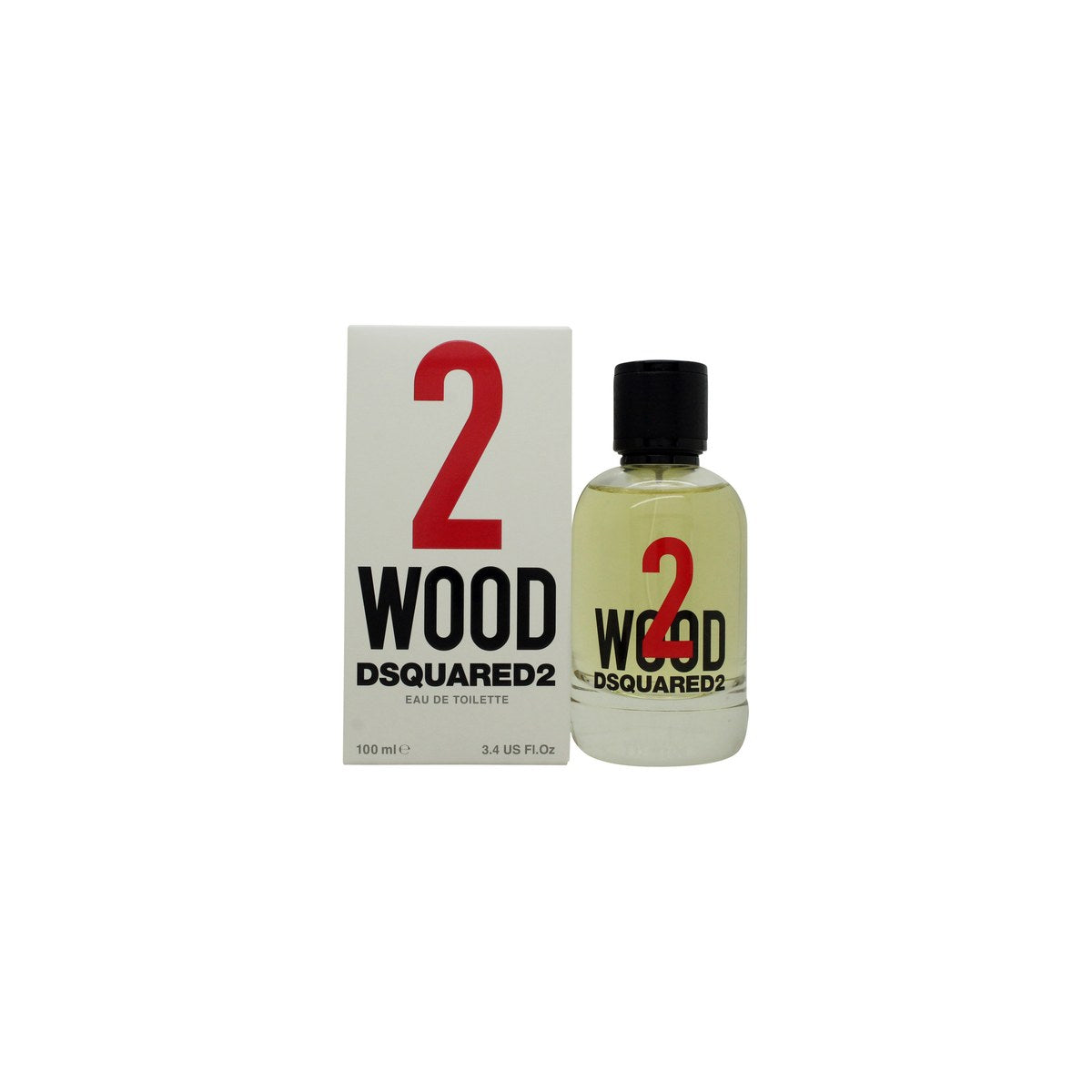 DSquared² 2 Wood Eau de Toilette 100 ml, klar glasflaske med lys træramme og sølvlogo, afrundet form og sort spraytop.