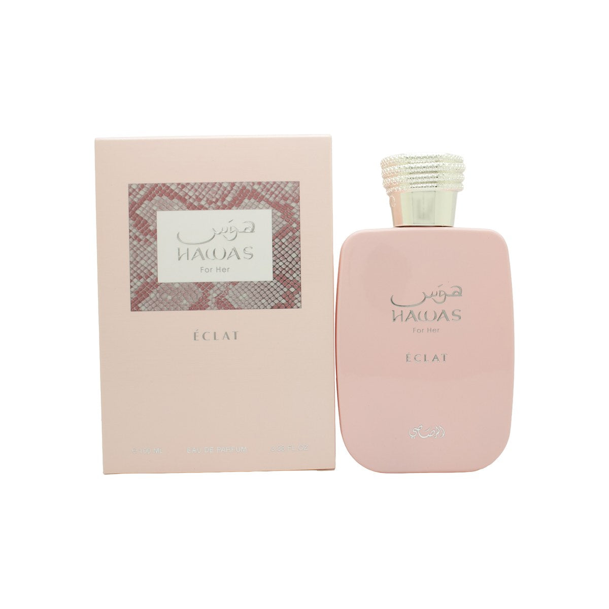 Rasasi Hawas For Her Éclat Eau de Parfum 100 ml, Rasasi – lyserød glasflaske med rosaguld låg og elegant, afrundet form