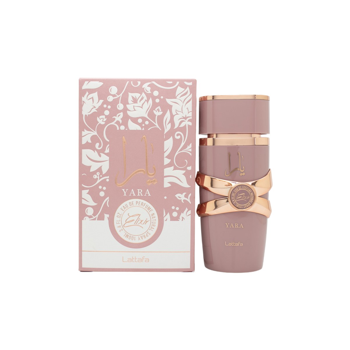 Lattafa Yara Elixir Eau de Parfum 100 ml – rosa flakon i mat glas med sølvdetaljer og afrundet låg