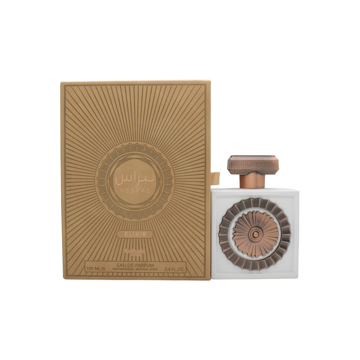 Lattafa Nebras Elixir Eau de Parfum 100 ml – mørk bordeaux flakon med gylden hætte og elegant, afrundet design
