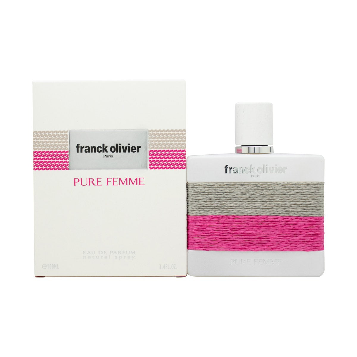 Franck Olivier Pure Femme Eau de Parfum 100 ml – rund, klar glasflaske med lilla tone og sølvfarvet låg