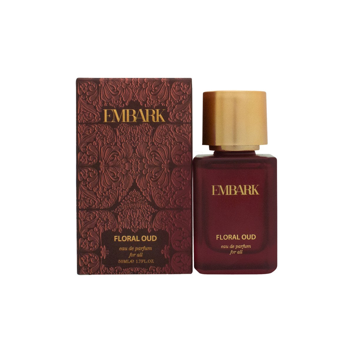Embark Floral Oud Eau de Parfum 50 ml, Embark – klar glasflaske med ravfarvet duft og sort firkantet låg