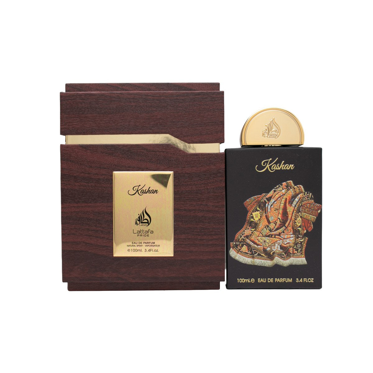 Lattafa Pride Kashan Eau de Parfum, Lattafa, 100 ml – guldfarvet flakon med rund form, præget emblem og kuppelformet låg