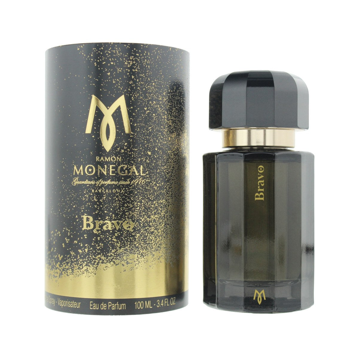 Ramon Monegal Bravo Eau de Parfum 100 ml fra Ramon Monegal i klar glasflaske med sort etiket og firkantet låg