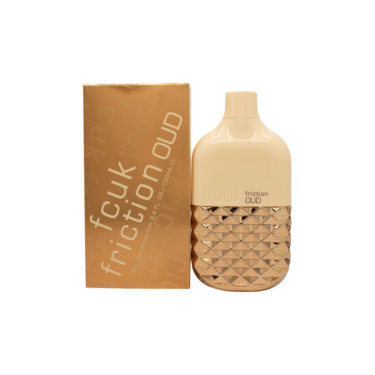 FCUK Friction Oud Her Eau de Parfum 100 ml, FCUK – mørk lilla glasflaske med gyldent låg og præget logo, kantet design